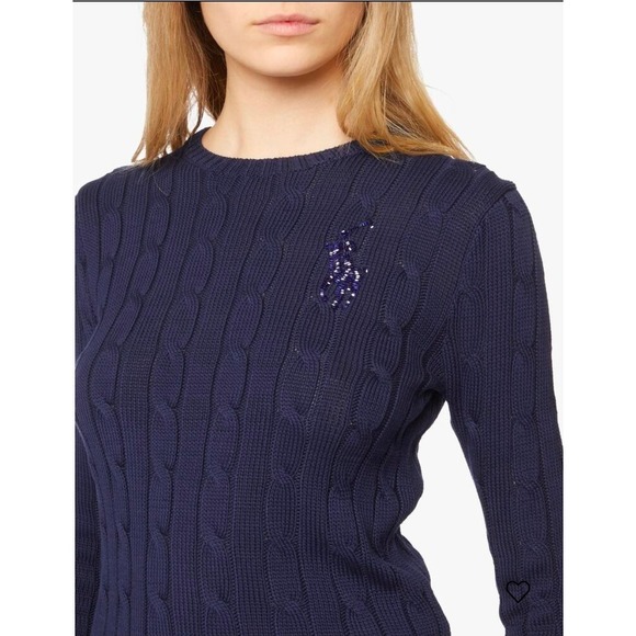 Polo Ralph Lauren Womens Cable Knit Beaded Logo Crewneck Sweater Size L - Picture 1 of 11